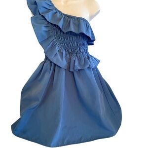 One-Shoulder Ruffled Blue Mini Dress